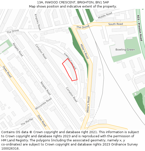 13A, INWOOD CRESCENT, BRIGHTON, BN1 5AP: Location map and indicative extent of plot