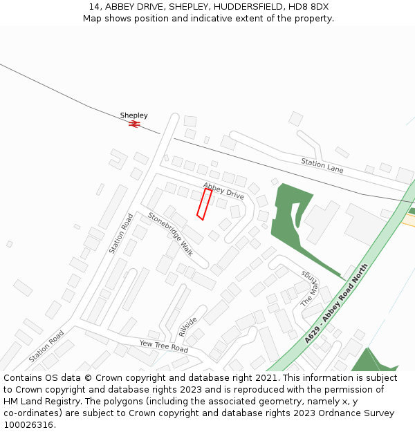 14, ABBEY DRIVE, SHEPLEY, HUDDERSFIELD, HD8 8DX: Location map and indicative extent of plot