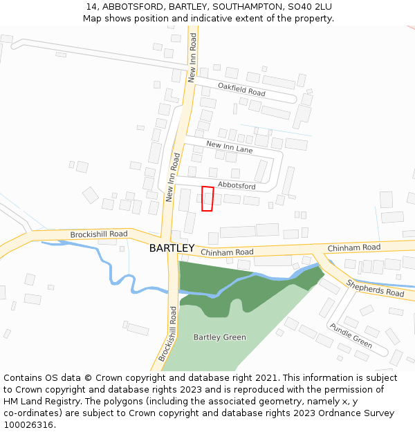 14, ABBOTSFORD, BARTLEY, SOUTHAMPTON, SO40 2LU: Location map and indicative extent of plot