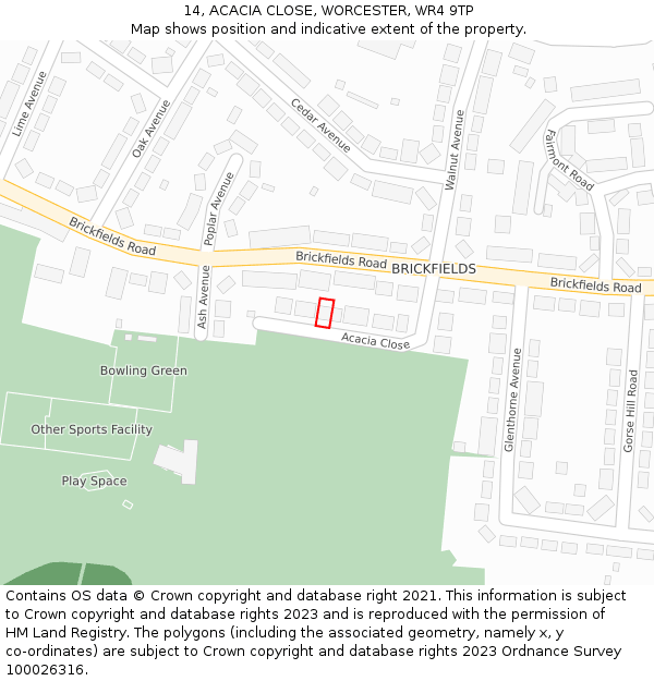14, ACACIA CLOSE, WORCESTER, WR4 9TP: Location map and indicative extent of plot