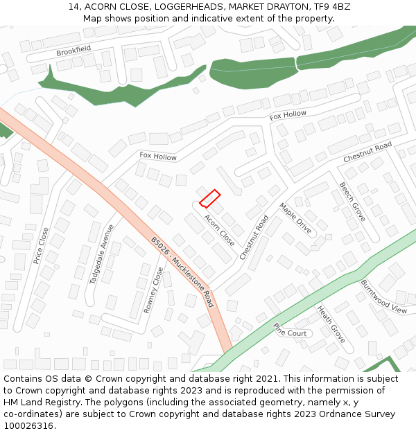 14, ACORN CLOSE, LOGGERHEADS, MARKET DRAYTON, TF9 4BZ: Location map and indicative extent of plot