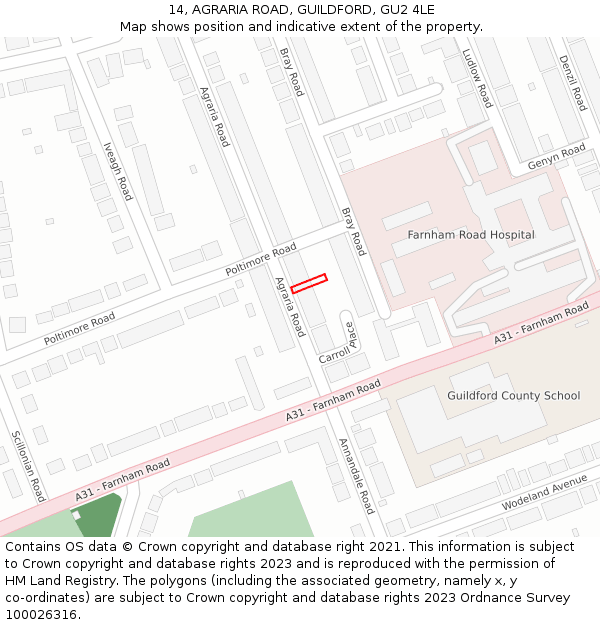 14, AGRARIA ROAD, GUILDFORD, GU2 4LE: Location map and indicative extent of plot