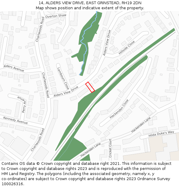 14, ALDERS VIEW DRIVE, EAST GRINSTEAD, RH19 2DN: Location map and indicative extent of plot