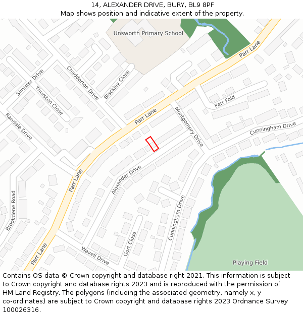 14, ALEXANDER DRIVE, BURY, BL9 8PF: Location map and indicative extent of plot