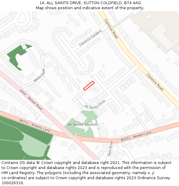 14, ALL SAINTS DRIVE, SUTTON COLDFIELD, B74 4AG: Location map and indicative extent of plot