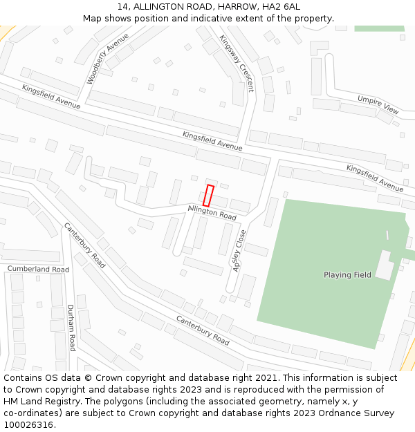 14, ALLINGTON ROAD, HARROW, HA2 6AL: Location map and indicative extent of plot