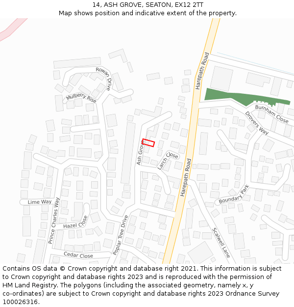 14, ASH GROVE, SEATON, EX12 2TT: Location map and indicative extent of plot