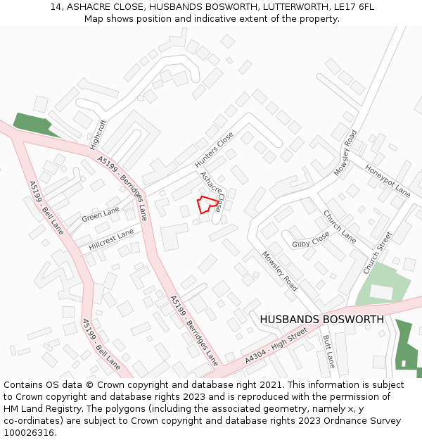 14, ASHACRE CLOSE, HUSBANDS BOSWORTH, LUTTERWORTH, LE17 6FL: Location map and indicative extent of plot