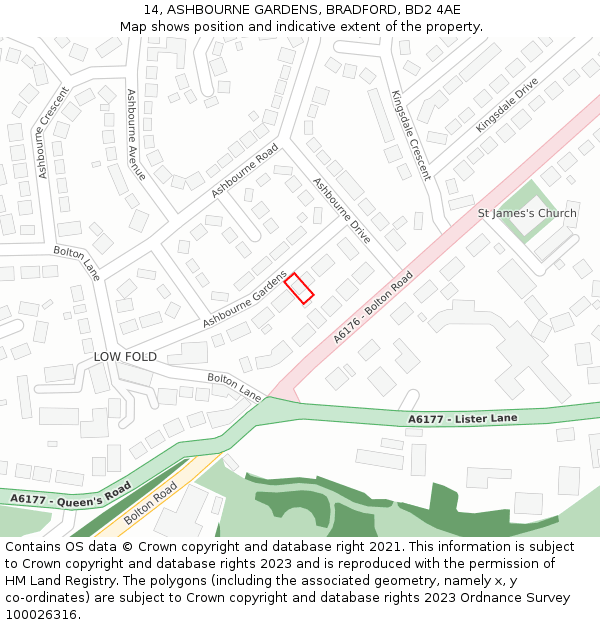 14, ASHBOURNE GARDENS, BRADFORD, BD2 4AE: Location map and indicative extent of plot
