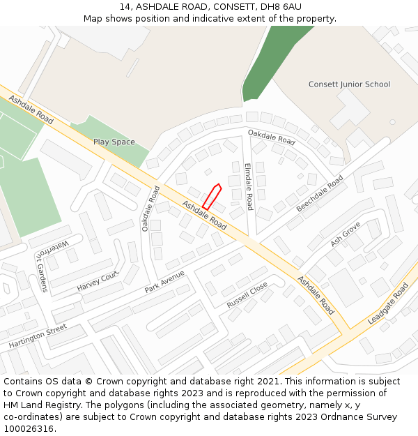 14, ASHDALE ROAD, CONSETT, DH8 6AU: Location map and indicative extent of plot