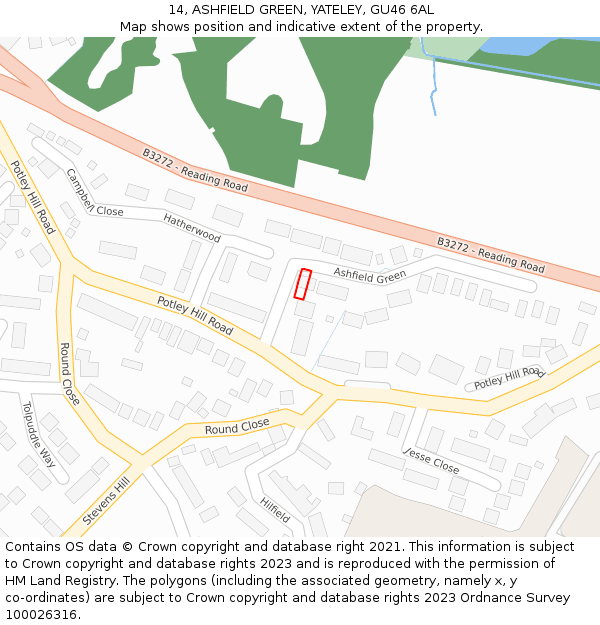14, ASHFIELD GREEN, YATELEY, GU46 6AL: Location map and indicative extent of plot