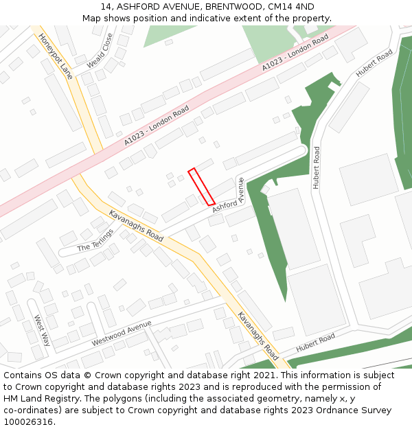 14, ASHFORD AVENUE, BRENTWOOD, CM14 4ND: Location map and indicative extent of plot