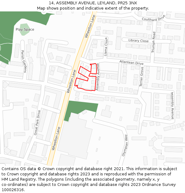 14, ASSEMBLY AVENUE, LEYLAND, PR25 3NX: Location map and indicative extent of plot