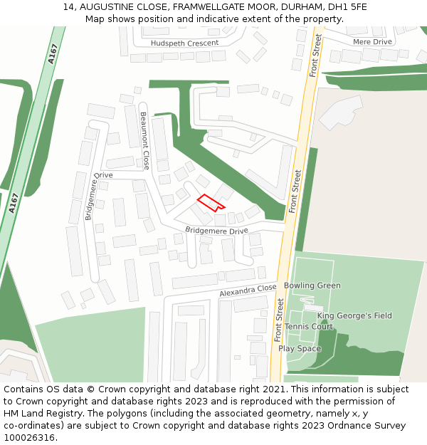 14, AUGUSTINE CLOSE, FRAMWELLGATE MOOR, DURHAM, DH1 5FE: Location map and indicative extent of plot