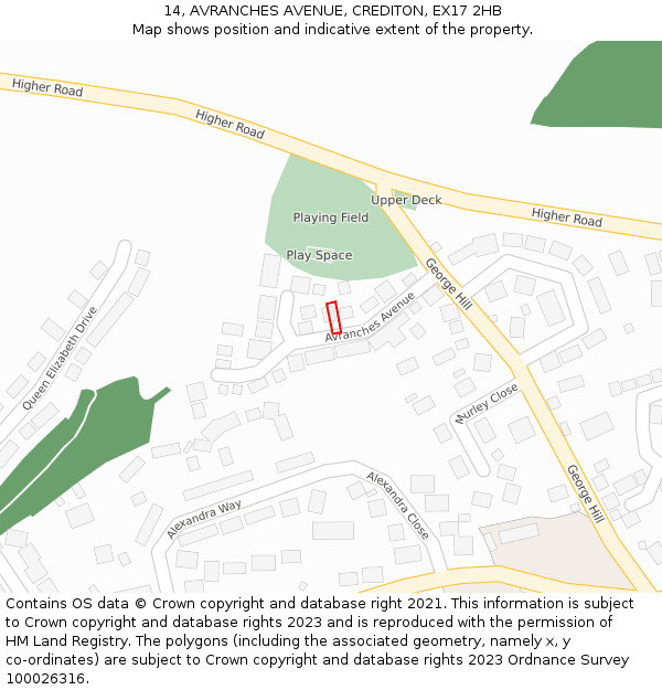 14, AVRANCHES AVENUE, CREDITON, EX17 2HB: Location map and indicative extent of plot