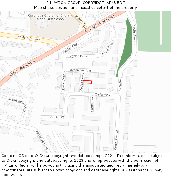 14, AYDON GROVE, CORBRIDGE, NE45 5DZ: Location map and indicative extent of plot