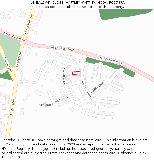 14, BALDWIN CLOSE, HARTLEY WINTNEY, HOOK, RG27 8FA: Location map and indicative extent of plot