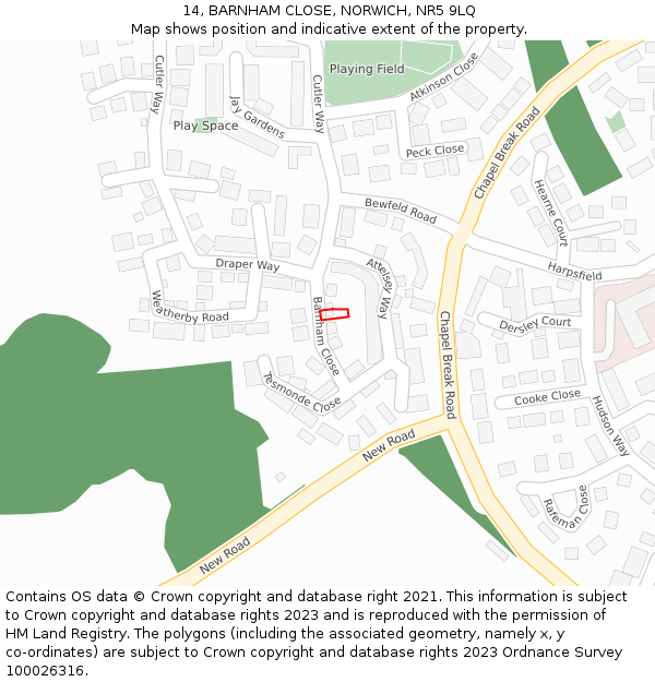 14, BARNHAM CLOSE, NORWICH, NR5 9LQ: Location map and indicative extent of plot