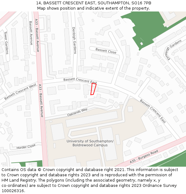 14, BASSETT CRESCENT EAST, SOUTHAMPTON, SO16 7PB: Location map and indicative extent of plot