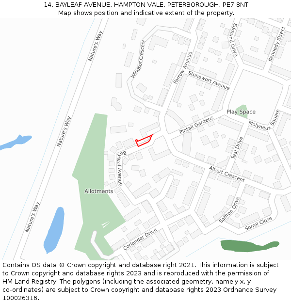 14, BAYLEAF AVENUE, HAMPTON VALE, PETERBOROUGH, PE7 8NT: Location map and indicative extent of plot