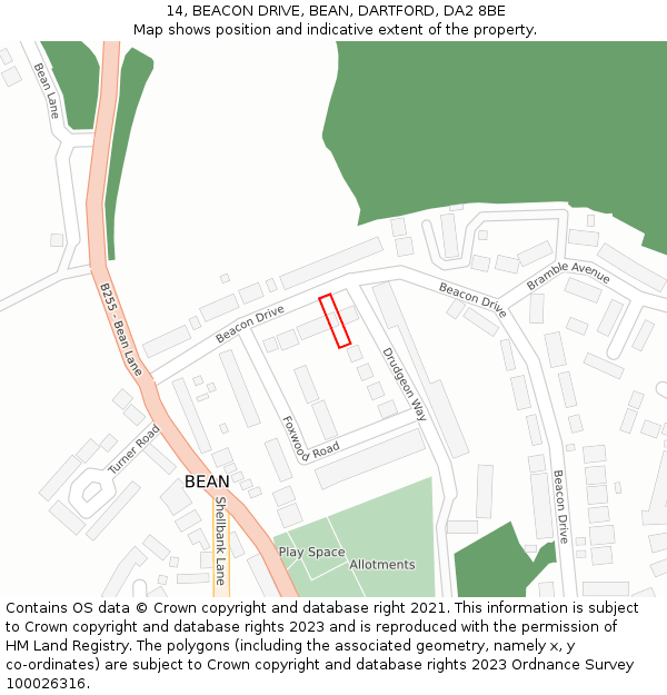 14, BEACON DRIVE, BEAN, DARTFORD, DA2 8BE: Location map and indicative extent of plot
