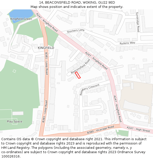 14, BEACONSFIELD ROAD, WOKING, GU22 9ED: Location map and indicative extent of plot