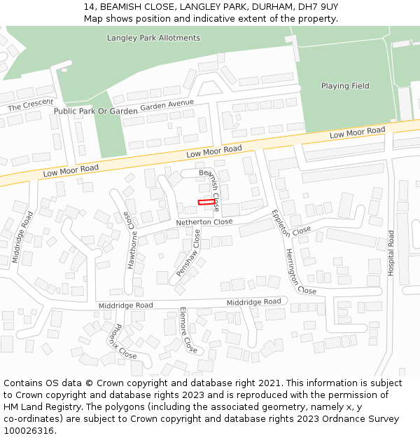 14, BEAMISH CLOSE, LANGLEY PARK, DURHAM, DH7 9UY: Location map and indicative extent of plot
