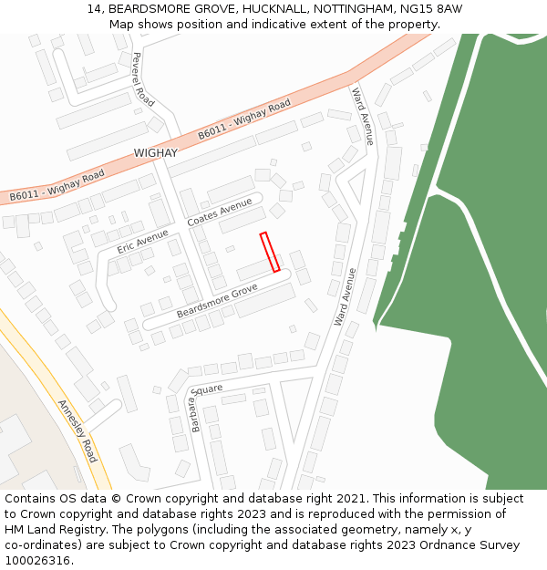 14, BEARDSMORE GROVE, HUCKNALL, NOTTINGHAM, NG15 8AW: Location map and indicative extent of plot