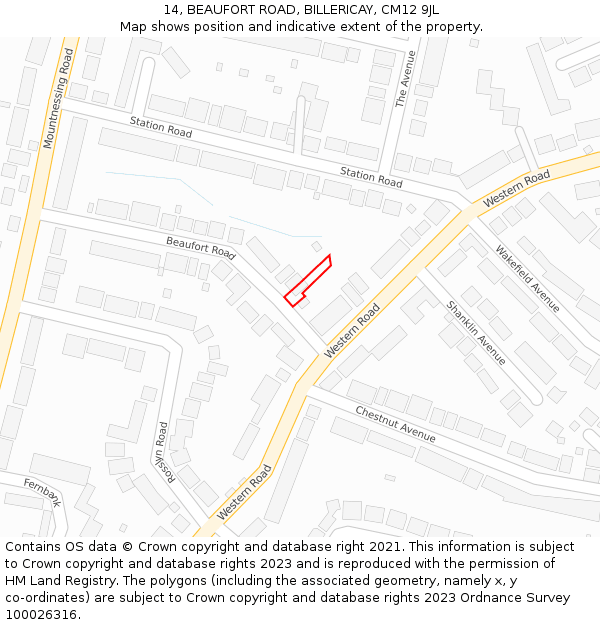 14, BEAUFORT ROAD, BILLERICAY, CM12 9JL: Location map and indicative extent of plot