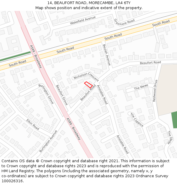 14, BEAUFORT ROAD, MORECAMBE, LA4 6TY: Location map and indicative extent of plot