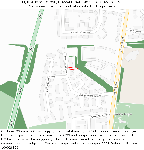 14, BEAUMONT CLOSE, FRAMWELLGATE MOOR, DURHAM, DH1 5FF: Location map and indicative extent of plot