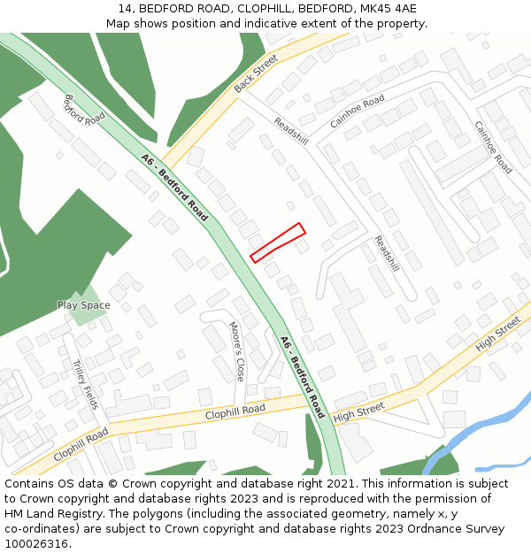 14, BEDFORD ROAD, CLOPHILL, BEDFORD, MK45 4AE: Location map and indicative extent of plot