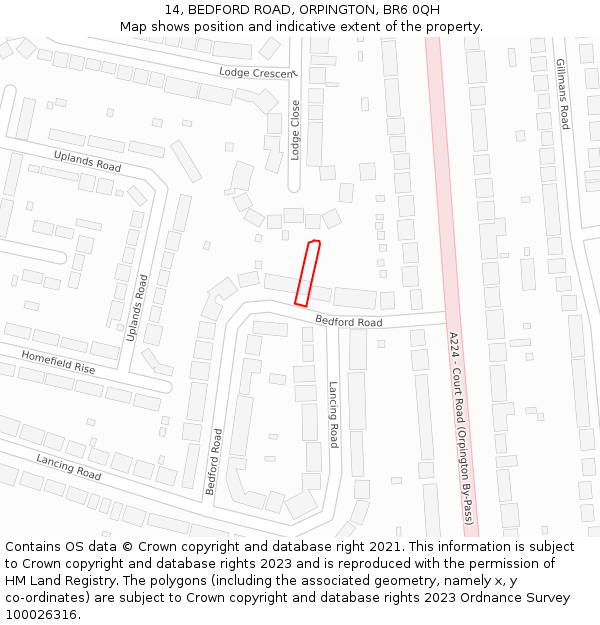 14, BEDFORD ROAD, ORPINGTON, BR6 0QH: Location map and indicative extent of plot