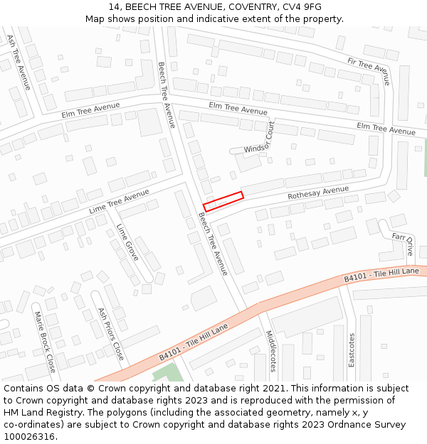 14, BEECH TREE AVENUE, COVENTRY, CV4 9FG: Location map and indicative extent of plot