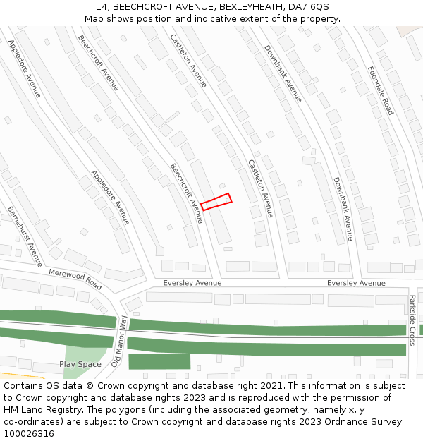 14, BEECHCROFT AVENUE, BEXLEYHEATH, DA7 6QS: Location map and indicative extent of plot