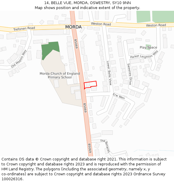 14, BELLE VUE, MORDA, OSWESTRY, SY10 9NN: Location map and indicative extent of plot