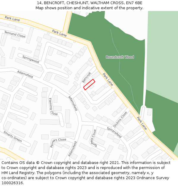 14, BENCROFT, CHESHUNT, WALTHAM CROSS, EN7 6BE: Location map and indicative extent of plot