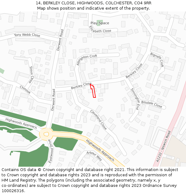 14, BERKLEY CLOSE, HIGHWOODS, COLCHESTER, CO4 9RR: Location map and indicative extent of plot