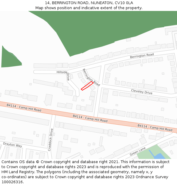 14, BERRINGTON ROAD, NUNEATON, CV10 0LA: Location map and indicative extent of plot