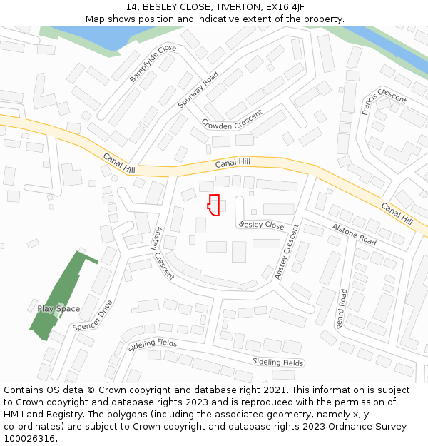 14, BESLEY CLOSE, TIVERTON, EX16 4JF: Location map and indicative extent of plot
