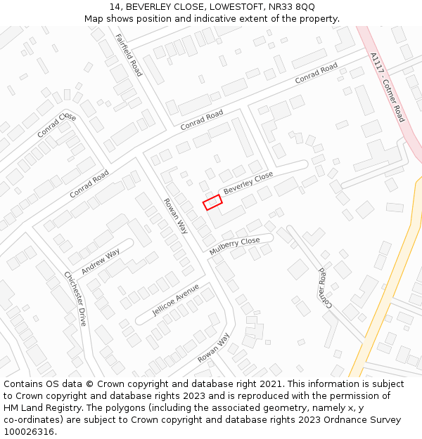 14, BEVERLEY CLOSE, LOWESTOFT, NR33 8QQ: Location map and indicative extent of plot