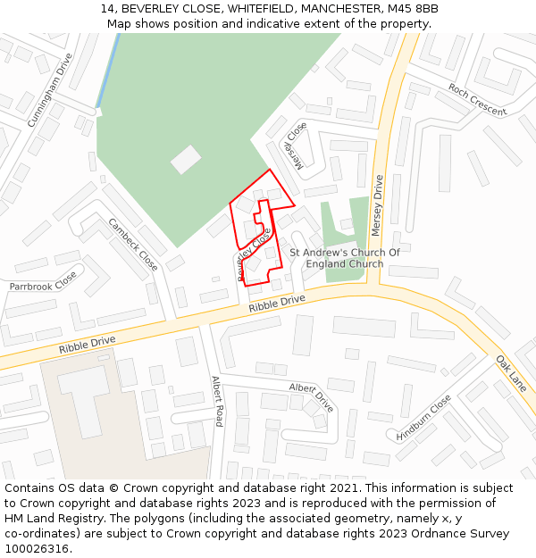 14, BEVERLEY CLOSE, WHITEFIELD, MANCHESTER, M45 8BB: Location map and indicative extent of plot