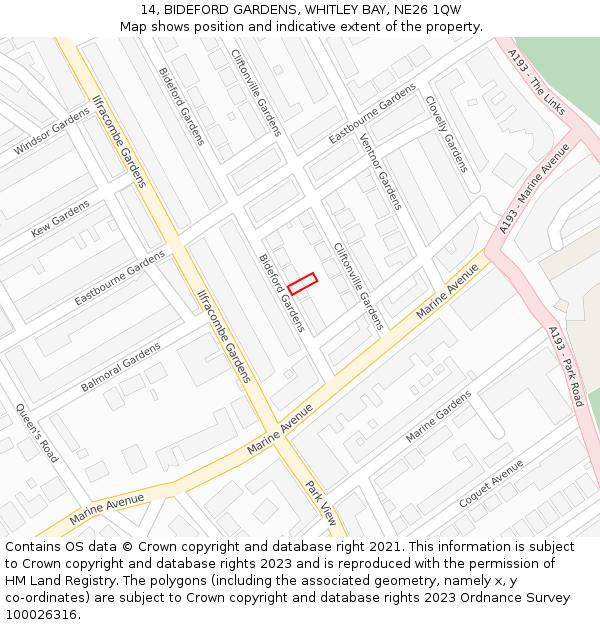 14, BIDEFORD GARDENS, WHITLEY BAY, NE26 1QW: Location map and indicative extent of plot