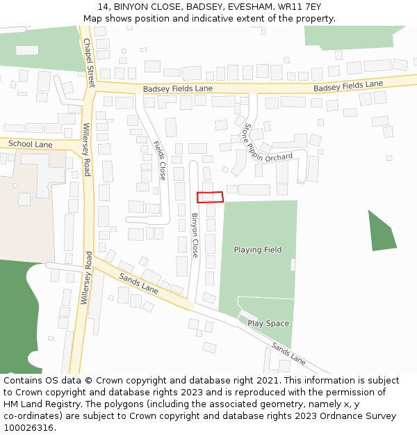 14, BINYON CLOSE, BADSEY, EVESHAM, WR11 7EY: Location map and indicative extent of plot