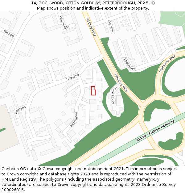 14, BIRCHWOOD, ORTON GOLDHAY, PETERBOROUGH, PE2 5UQ: Location map and indicative extent of plot