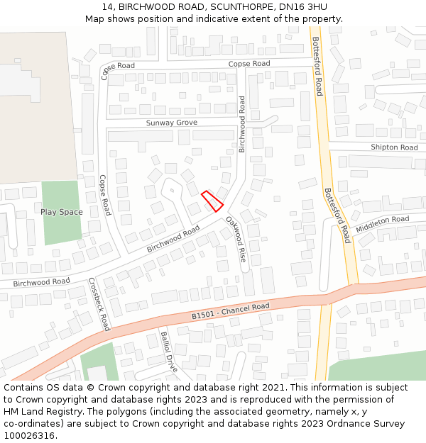14, BIRCHWOOD ROAD, SCUNTHORPE, DN16 3HU: Location map and indicative extent of plot