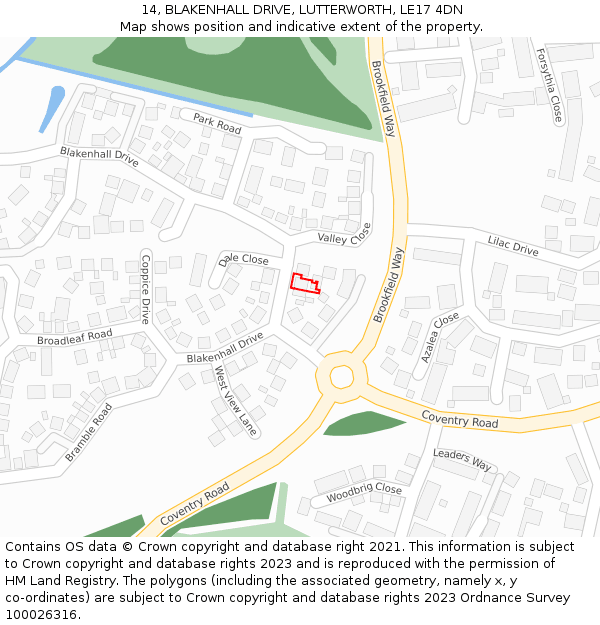 14, BLAKENHALL DRIVE, LUTTERWORTH, LE17 4DN: Location map and indicative extent of plot