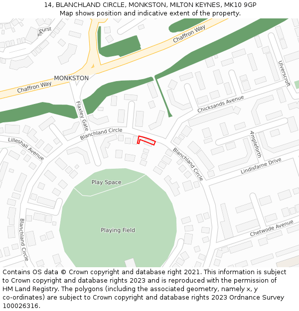 14, BLANCHLAND CIRCLE, MONKSTON, MILTON KEYNES, MK10 9GP: Location map and indicative extent of plot