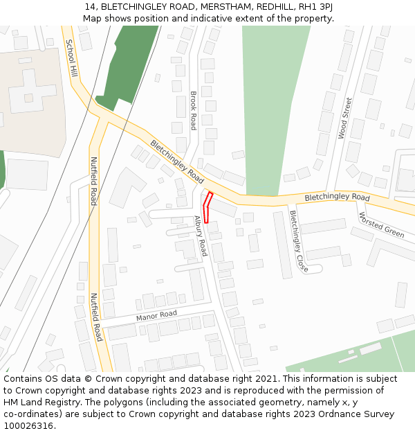 14, BLETCHINGLEY ROAD, MERSTHAM, REDHILL, RH1 3PJ: Location map and indicative extent of plot
