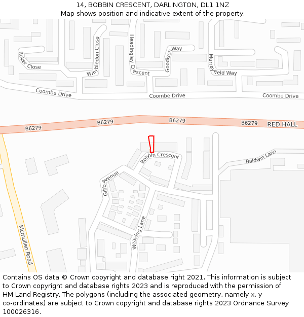 14, BOBBIN CRESCENT, DARLINGTON, DL1 1NZ: Location map and indicative extent of plot
